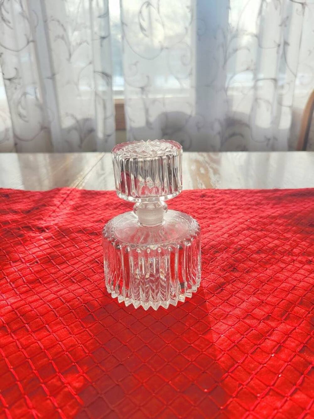 Vintage Perfume Bottle, Round Clear, Sawtooth Glass, Stopper